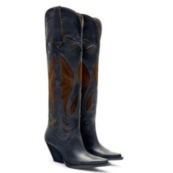 NEW ZARA BLACK BROWN LEATHER SUEDE COWBOY BOOTS SZ 39 8 8.5 - Picture 8 of 16